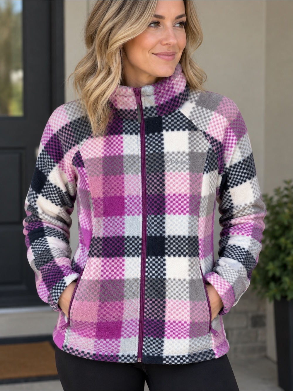 Columbia ladies Pink, Gray & Black Plaid Fleece Jacket - Full Zip